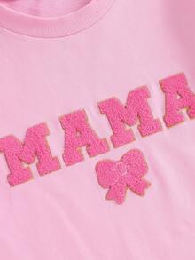 Family Matching Mommy And Me Sweatshirt Long Sleeve Crewneck Letter Bow Print Mama And Mini Pullover Tops - 粉色 - 查看 4