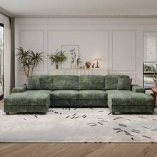 YOGLAD Convertible U-Shaped Sectional Sofa With Built-In Storage Compartments, Modern Corduroy Fabric 6-Seater Couch With Double Chaise Lounges, Large Comfortable Living Room Sofa With Solid Wood Frame, Easy Assembly & Durable Design - Green - View 4