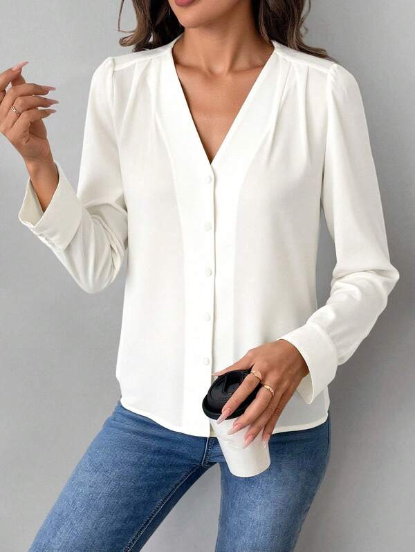 TAD Blusa elegante para mujer colores sólidos tela ligera corte regular escote V manga larga primavera otoño oficina diaria con botones