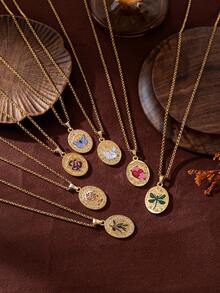 1pc Fashionable Retro Gold Oval Inlaid Zirconium Butterfly Swan Dragonfly Pomegranate Snake Stainless Steel Painted Necklace, Electroplated 18k Gold, Showcasing Charm And Personalized, Suitable For Women's Daily Dressing Decoration, Parties, Music Festivals. Gilded Jewelry, Ladies' Jewelry.