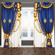 2pcs Window Curtains, Ornate Blue Curtains Adorned With Golden Bows, Tassels, And Intricate Patterns Create A Regal And Luxurious Display Against A White Background.Window Drapes For Bedroom Living Room, Rod Pocket Window Treatment