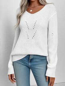 Womens Plus Size Knit Tops Fall Long Sleeve V Neck Solid Color Back Lace Patchwork Bow Decor Pullover Sweater - Blanco - Ver 1