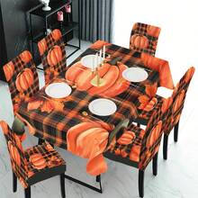 1/4/5/6/7/36pcs Thanksgiving Plaid, Line, Pumpkin & Maple Leaf Print Chair Cover/Seat Covers Set, Suitable For Indoor Home, Restaurant, Hotel, Ideal For Modern Daily Decor. Tablecloth Fits Square Dining Table, Elastic Chair Covers Are Washable. - Multicolor - View 2
