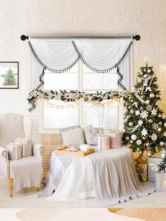 1pc White Sheer Curtain With Black Tassel Trim, European Minimalist Style Decorative Voile Curtain, Suitable For Living Room And Bedroom Windows And Doors