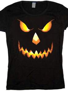 Ladies T-Shirt _ Jack O Lantern Halloween Design - 黑色 - 查看 1