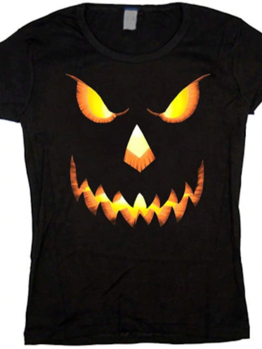 Ladies T-Shirt _ Jack O Lantern Halloween Design - 黑色 - 查看 1