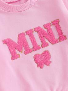 Family Matching Mommy And Me Sweatshirt Long Sleeve Crewneck Letter Bow Print Mama And Mini Pullover Tops - 粉色 - 查看 7