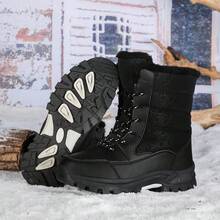 Botas de nieve hasta la pantorrilla para mujer, con forro térmico grueso, antideslizantes, de cordones y puntera redonda, negras, versátiles para el invierno