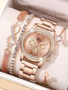 4件套女士玫瑰金不锈钢表带时尚休闲经典阿拉伯数字表盘石英手表手链首饰套装，适合日常佩戴、装饰、赠送朋友或作为节日礼物。