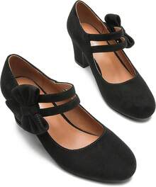 Enelauge Women's Mary Jane Heels With Bow Retro Closed Round Toe Pumps Sweet Ankle Strap Low Block Heels Chic Bowtie Vintage Dress Wedding Party Office Daily ShoesChristmas - 黑色絨面革 - 查看 10