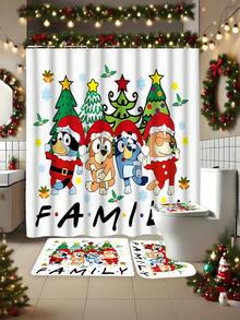 [Christmas Bluey Shower Curtain Window Curtain Set] 1/3/4pcs Christmas Solid Color Santa Hat Bluey Family And Friends Holiday Pattern Printed Shower Curtain Set, Modern Design, Suitable For All Seasons, Waterproof Polyester Hooks And Lining, Flannel Material, Soft Surface, Absorbent Anti-Slip Bathroom Mat, Bathroom Set Includes U-Shaped Mat, Toilet Mat, Anti-Slip Bathroom Mat And Bathroom Accessories, Home Decor, Holiday Decor, Christmas Gift, Daily Decor, Gift Giving