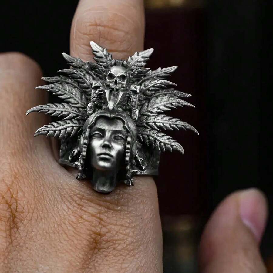 Vintage Goddess-Themed Zinc Alloy Ring For Men – Featuring A Gothic Skull And Laurel Leaf Design; Perfect For Halloween, Easter, And Various Themed Parties; A Stylish Gothic-Style Accessory Suitable For Both Men And Women. - nữ tu sĩ - Xem 1