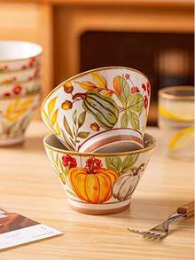 2/4 件陶瓷碗勺套装，南瓜图案餐具，400 毫升/13.5 盎司乡村风格早餐燕麦碗、酸奶碗、沙拉碗、甜点碗，适用于洗碗机、烤箱、微波炉，适用于家庭、厨房、餐厅、派对、宴会、万圣节礼物 - 彩色 - 查看 10