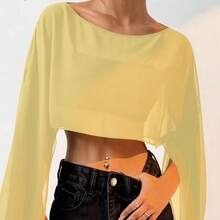 Cropped Cape Flare Sleeve Tulle Simple Asymmetric Beach Top - Yellow - View 1