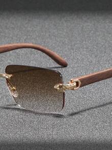 1 Pair Men's Rectangular Frameless Wooden Grain Temples Fashion Glasses, Business Casual Classic Versatile Fashion, Suitable For Beach & Holiday