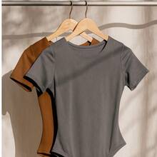 Kit 2 Women's Bodysuit Short Sleeve Elegant Suplex Bodysuit Elegant Casual Look Comfortable Bodysuit Basic And Stylish Fashion Simple Casual Fabric Simple Casual Knitted - 灰棕色 - 查看 2