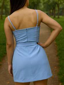 Women's Tailored Dress With Elegant Belt - Short Modern S M L For Party And Evening, Outing - Màu xanh bạc hà - Xem 2