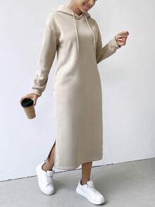 Sudadera casual de mujer con bolsillo dividido y costillas con estampado de letras - Caqui - Ver 3