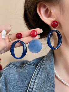 1 Pair Minimalist Vintage Red & Blue Tie Dye Round Oversized Drop Earrings, Suitable For Women To Wear On Vacation, Parties, Holidays, Dates, Birthdays, Mother's Day Gifts