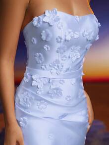 Anymoon 3D Hand Floral Ruffle Trim Mermaid Bridesmaid Dress - Blue - View 8