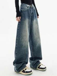 Women's Y2k Baggy Jeans High Waist  Wide Leg Jeans Casual Loose Boyfriends Trousers Vintage Grunge Streetwear, Fall And Winter Denim Pant For Women - 復古藍 - 查看 3