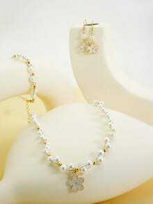 4 قطع طقم قلادة وسوار وأقراط بزهور اللؤلؤ، إكسسوار رومانسي للمناسبات والأعراس والهدايا والاستخدام اليومي