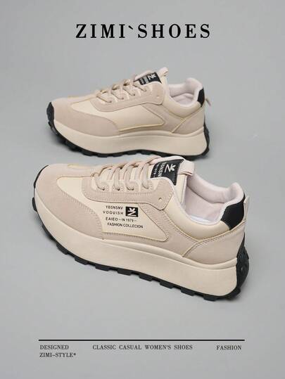 1 Pair Women's Casual Sneakers, Round Toe Outdoor Lace-Up Leather Shoes, Suitable For All Seasons