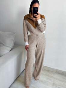 Women's Turtleneck Color Block Zip-Up Loose Casual Sweater And Drawstring Waist Wide Leg Knit Pants Set