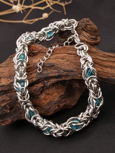 1 件不锈钢银色朋克风格夸张波浪设计人造蓝宝石和立方氧化锆粗链手链，可调节，时尚百搭，适合男士日常穿着和派对，是送给男朋友、兄弟的绝佳礼物