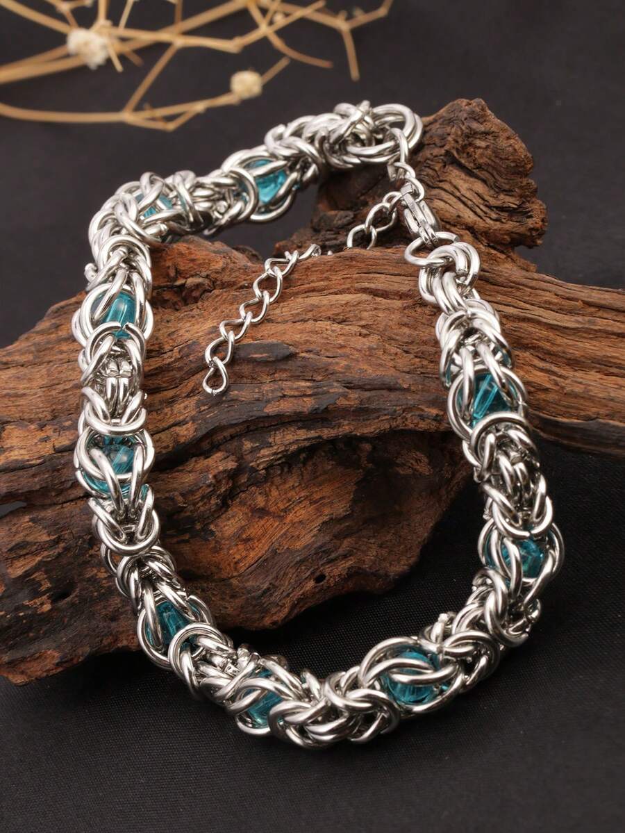 1pc Stainless Steel Silver Punk Style Exaggerated Wavy Design Artificial Sapphire & Cubic Zirconia Thick Chain Bracelet, Adjustable, Fashionable & Versatile, Suitable For Men's Daily Wear And Parties, Great Gift For Boyfriend, Brother