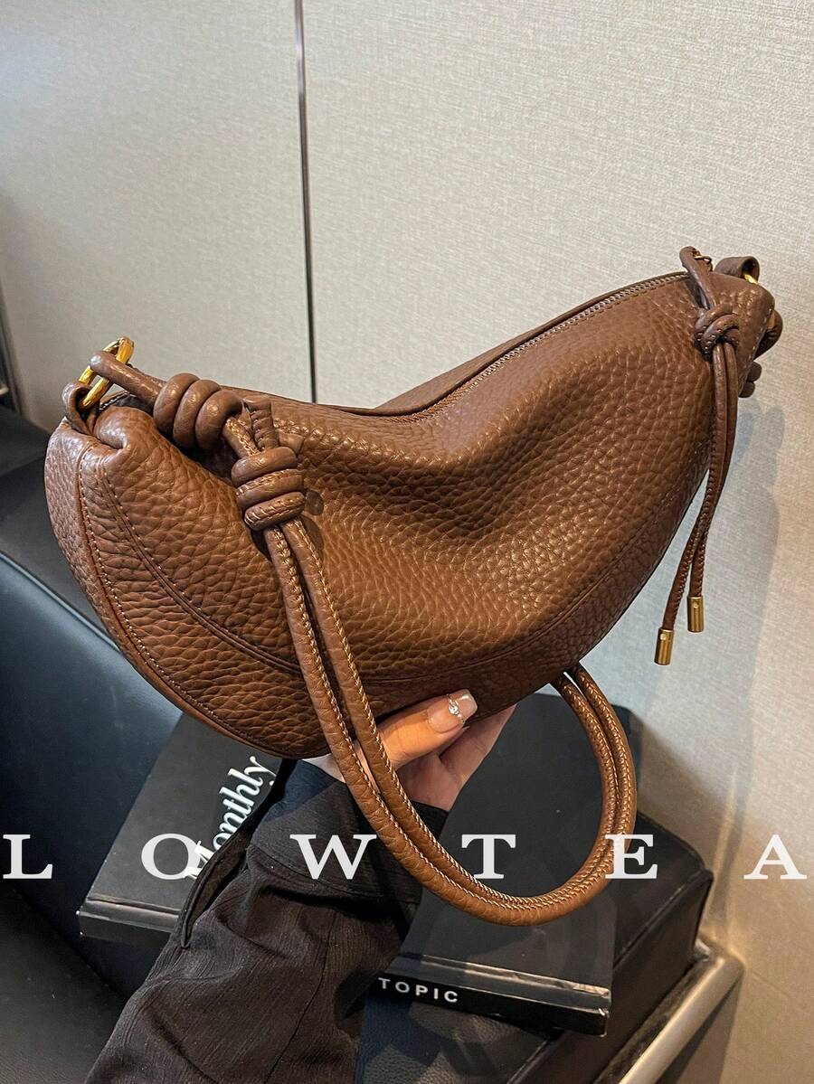 1 pieza Bolso de hombro de mujer de unicolor de piel de PU, bolso de hombro en forma de media luna de moda vintage con cierre de cremallera, adecuado para uso diario y al aire libre