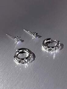 2 对时尚简约优雅奢华小巧铜方晶锆石耳环套装女士 - 黑色 - 查看 6