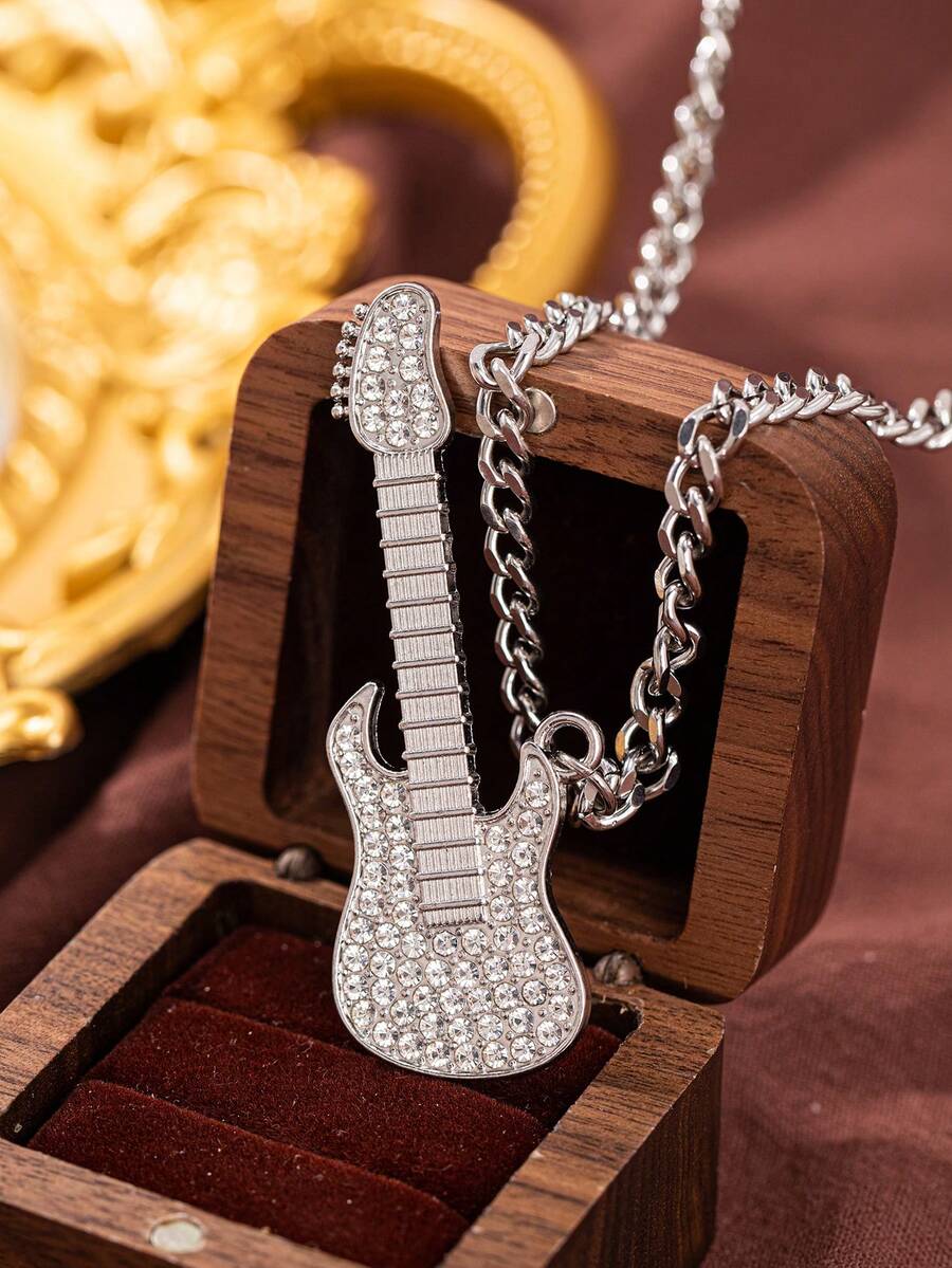 1pc Punk Rock Fashion Exaggerated Zirconia Guitar Pendant Necklace, Suitable For Daily, Party, Casual Wear, Unisex (No Gift Box)