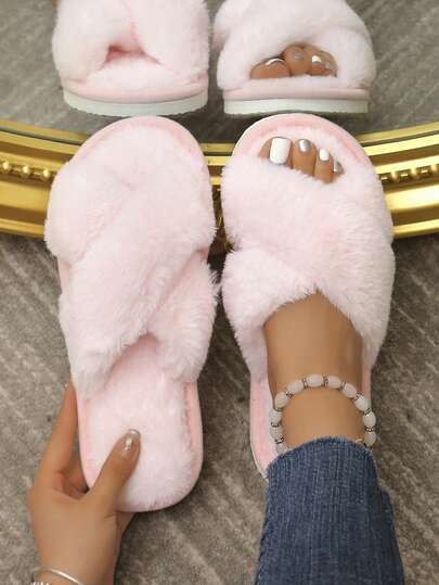 Women's Cross-Band Furry Slippers, Soft And Cozy House Slippers, Warm And Comfortable Open Toe Plush Indoor/Outdoor Shoes Breathable Pink Slippers