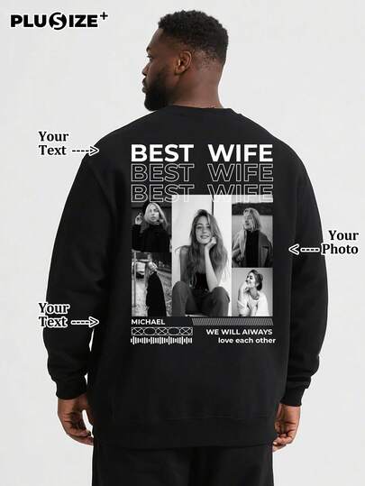 Customizable Personalized Memorial Plus Size Men's Black Crew Neck Sweatshirt