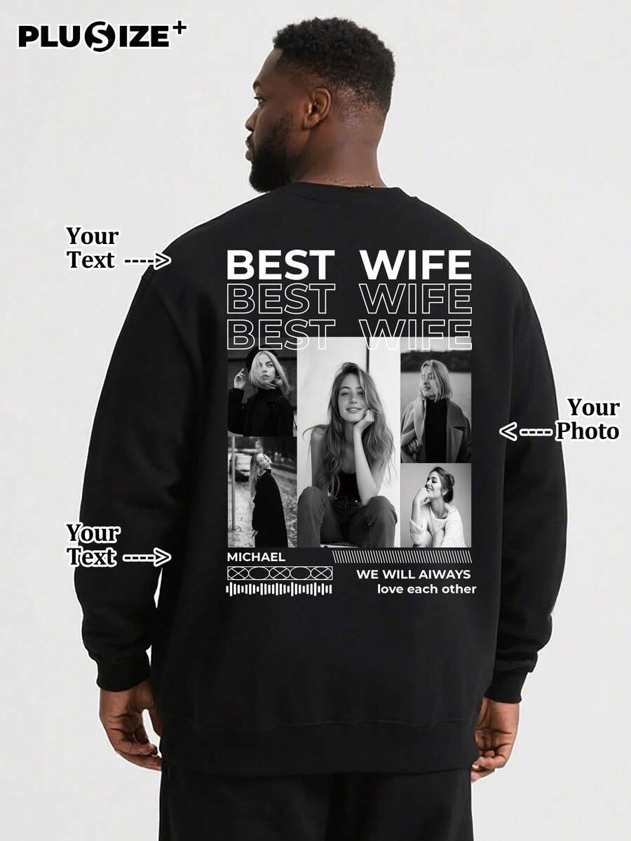 Customizable Personalized Memorial Plus Size Men's Black Crew Neck Sweatshirt - Black - View 1