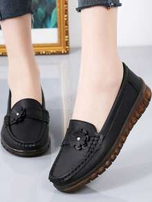 Fall/Winter Women's Black Floral Embellished Loafers, Elegant And Ceremonial, Comfortable Soft-Soled Flat Shoes