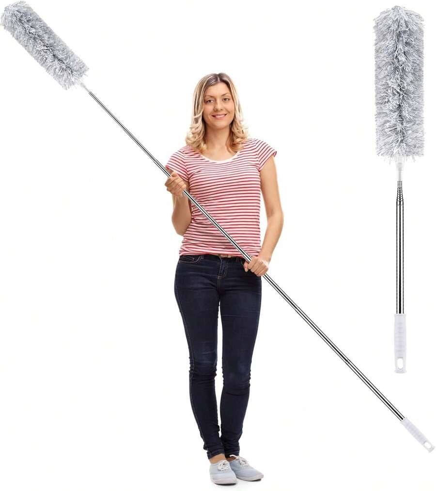 Plumero extensible, plumero telescópico largo de 110 pulgadas de acero inoxidable con cubierta resistente a los arañazos, perfecto para la limpieza de telarañas, ventilador de techo, coches - 1 - Ver 1