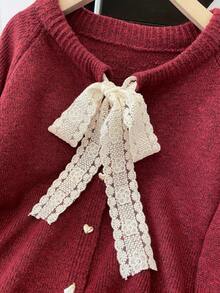 Áo khoác cardigan nữ kiểu dáng thường ngày có nơ trang trí, màu trơn thoải mái, lựa chọn lý tưởng cho mùa thu/đông. - Đỏ - Xem 6