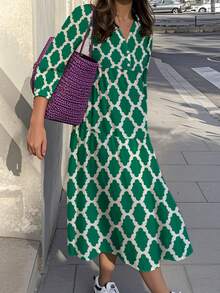 Áo sơ mi dài tay cổ tròn màu xanh lá cây họa tiết hình học cho nữ - xanh quân đội - Xem 4