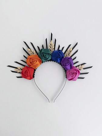 Black Dark Red Burgundy Roses Gold Leaf Silk Artificial Flowers Crown For Wedding Brides Or Bridesmaids ,Halloween Fake Floral Halo Crown,Gothic Wedding Tiara For Bride, Costume Headpiece For Birthday Cosplay Party Celebration, Day Of The Dead