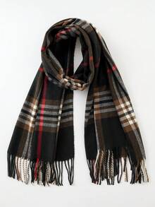 1件装女士时尚经典简约条纹格子撞色流苏装饰围巾，多功能保暖防风围巾/披肩，适合秋冬季户外、休闲、旅行 - 米色 - 查看 7