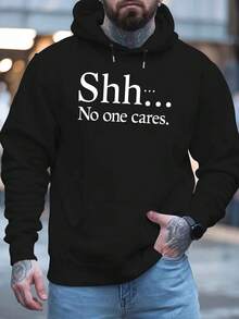 Sudadera con capucha de forro polar amarillo 'No One Cares' para hombres - Sudadera casual de poliéster con letras negras en negrita, cuello ajustable con cordón, perfecta para otoño e invierno, moda juvenil | Sudadera estampada de moda | Sudadera con capucha de forro polar de poliéster, sudadera con capucha, talla - Negro - Ver 2