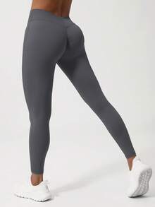 Sodalemon 女士蜜桃臀瑜伽紧身裤，V形缝线设计，修身运动裤 - 灰色 - 查看 5