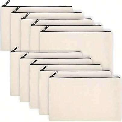 10 pièces Sacs à fermeture éclair en canevas vierge - Trousse de maquillage beige et étui à crayons, convient pour les cosmétiques, les artisanats DIY et l'organisation, convient pour la Fête de l'Indépendance ou l'utilisation quotidienne, sacs portefeuille