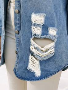 Áo khoác denim dáng lửng, rách nhẹ, chất liệu denim bạc màu, thích hợp cho nữ, cỡ lớn, mùa xuân. - Rửa nhẹ - Xem 5