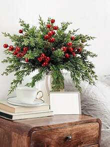 22/40pcs Artificial Pine Tree Branches With Red Berries - Realistic Evergreen Foliage In White Vase-Like Pot, Durable Plastic Winter Foliage With Green Needles & Red Berries For Christmas, Thanksgiving, Table Centerpiece, Wreaths, Garlands - All-Season Indoor/Outdoor Decoration (No Maintenance Required) - Ideal For DIY Crafts, Home & Party Decor, Christmas Decor - Multicolor - View 5