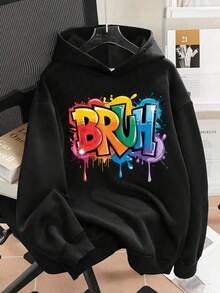 Sudadera informal con efecto de pintura de tinta colorida y estampado de letras para adolescentes varones, adecuada para primavera y otoño, apta para compras, escuela, viajes, fiestas y otras ocasiones - Negro - Ver 2