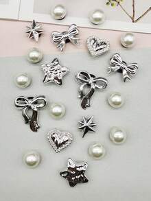 20 件朋克风格银色树脂领结鞋饰闪亮星星心形鞋扣配饰可拆卸仿珠鞋 DIY 装饰多功能鞋夹装饰适合女士凉鞋拖鞋沙滩包圣诞节万圣节生日派对礼物