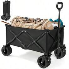 Foldable Beach Wagon Cart Heavy Duty Portable Beach Trolley Utility Collapsible Wagon With Big AllTerrain 10cm Beach Wheels And Adjustable Handle Folding Travel Cart Load Capacity 200kg Black - 坦克黑 - 查看 2